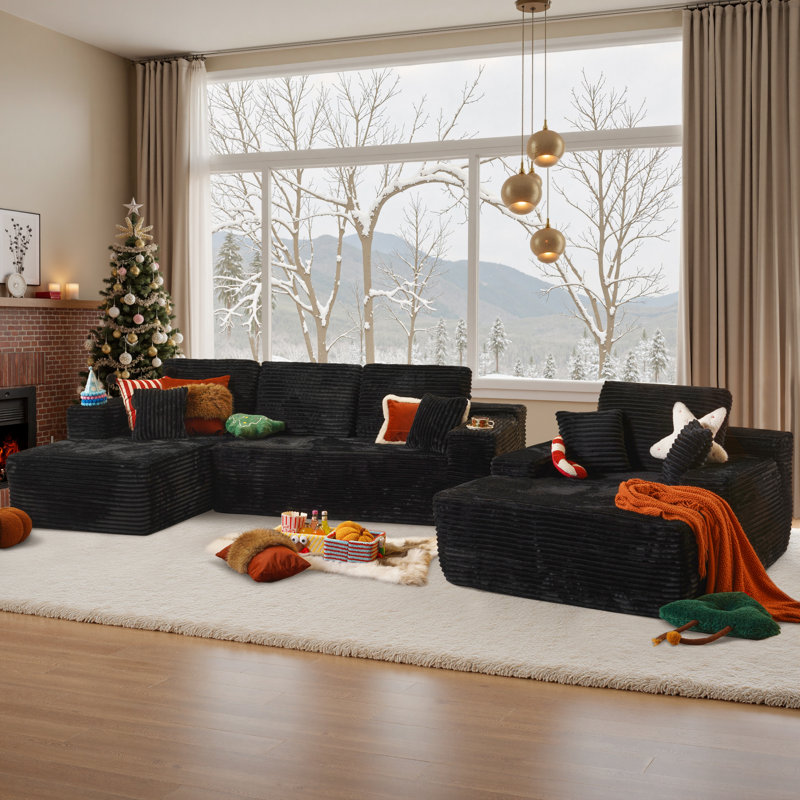 Aucun assemblage requis 3 pièces Canapé modulaire rembourré à compression avec chaise longue Cloud, Velours côtelé noir
