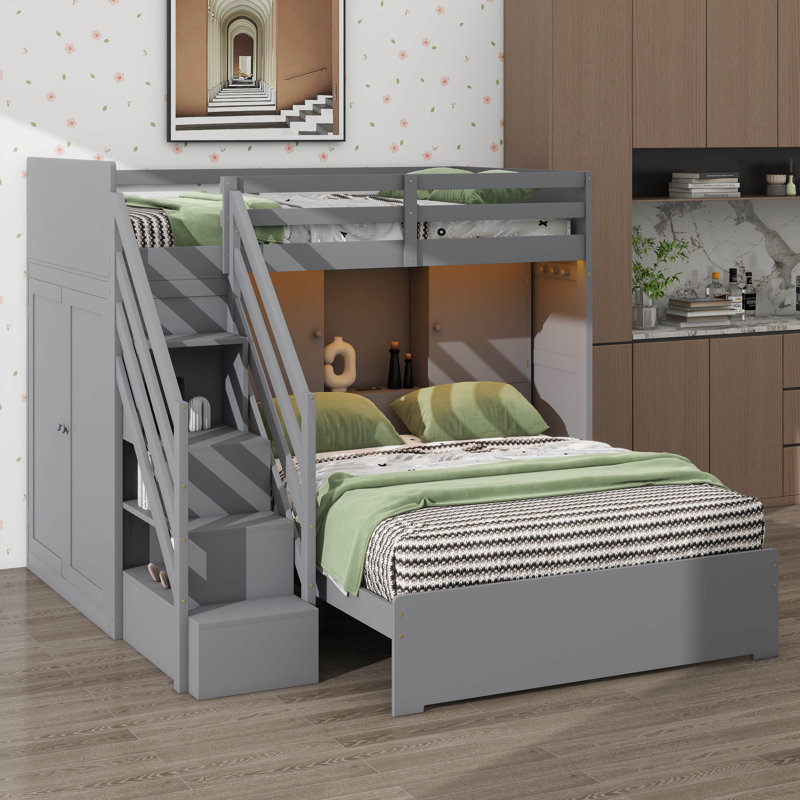 Lit simple superposé simple avec marches de rangement, garde-robe, ports USB et éclairage intégré, Gris