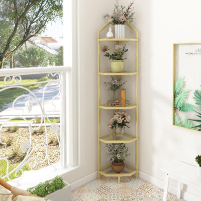 Étagère d'angle à 5 niveaux, bibliothèque d'angle dorée, étagère de rangement pour salle de bain, support à plantes, verre trempé, structure en acier, style moderne pour le salon, la salle de bain, la cuisine, métallique