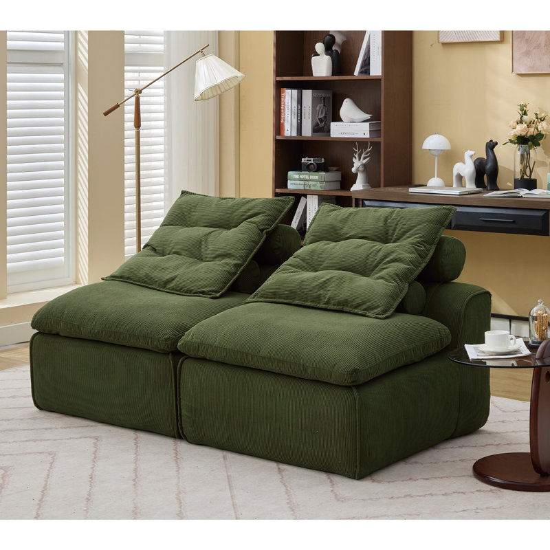 Johan Boneless Modular Sofa with Neck Pillow and Back Lounge, Green Corduroy