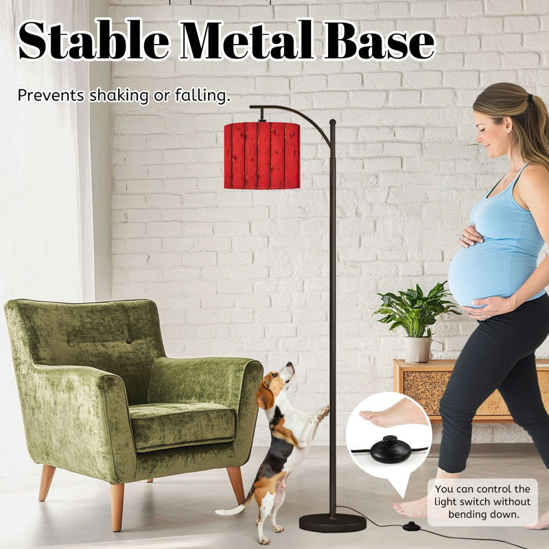 Arc Floor Lamp with Adjustable Lampshade Red Wood Barn Rustic farm Standing Lamp 3 Color Temperatures Dimmable Tall Pole Lamp with Foot Switch for Bedroom
