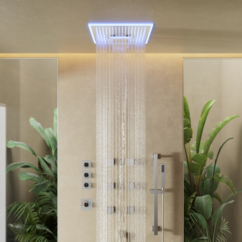 LED Thermostatic Shower Faucet 16" High-Pressure Shower Head with Bluetooth Music, Brushed Nickel