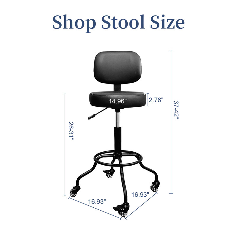 Tabouret de travail pivotant à roulettes avec dossier, tabouret de travail robuste avec roues en caoutchouc verrouillables, tabouret réglable en hauteur avec repose-pieds à anneau pour la boutique, le bureau et le bureau