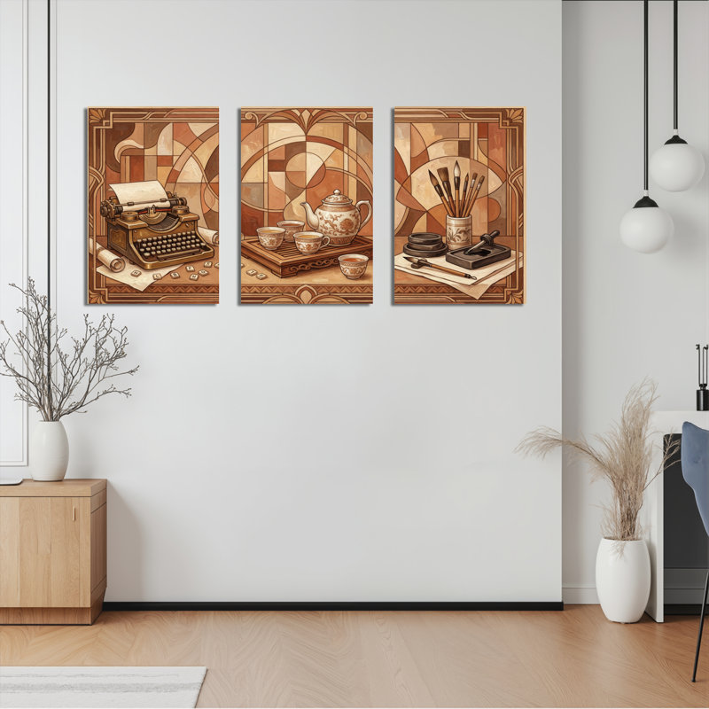 Ensemble de 3 tableaux sur toile tendue représentant une machine à écrire vintage, un service à thé et des outils de calligraphie, idéal pour décorer un salon ou un bureau.