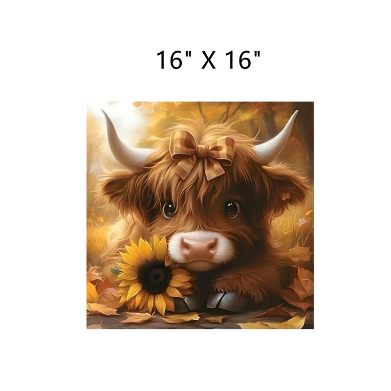 Vache mignonne et tournesol, art mural 16 po x 16 po