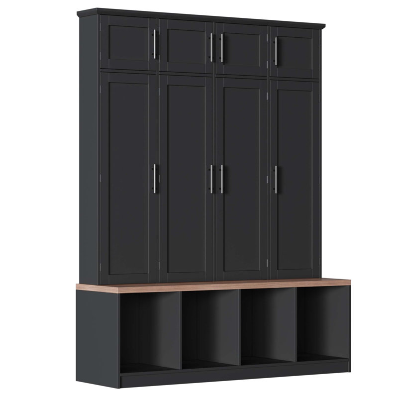 Farmhouse Hall Tree with Multiple Hidden Hanging Hooks, Versatile Seating Bench with Abundant Doors, Entryway Shoe Cabinet with Open Compartments for Home Use