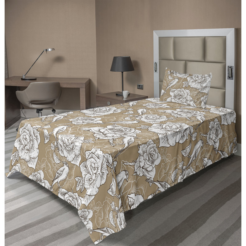 Ambesonne Watercolor Botany Sheet Set 4 Pcs Retro Boho Bloom, Dark Khaki White Floral, Twin XL Sheet Set with 1 Pillowcase