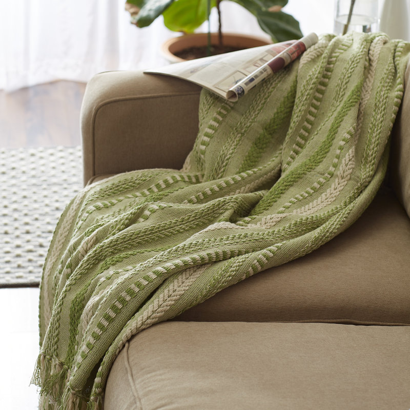 Antique Green Cotton Braided Stripe Throw Blanket