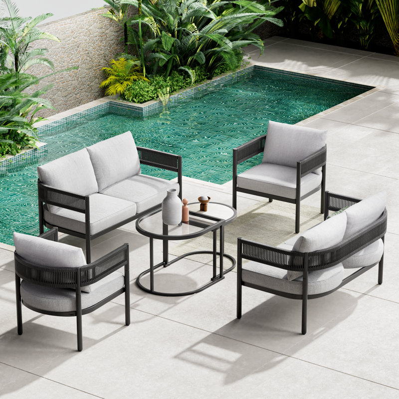 Maine Defino 6 Piece Steel Wicker Seating Group With Cushions, Mixed Gray Beige/Black Arm