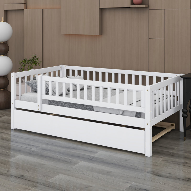 Wood Daybed With Trundle And Fence Guardrails, White