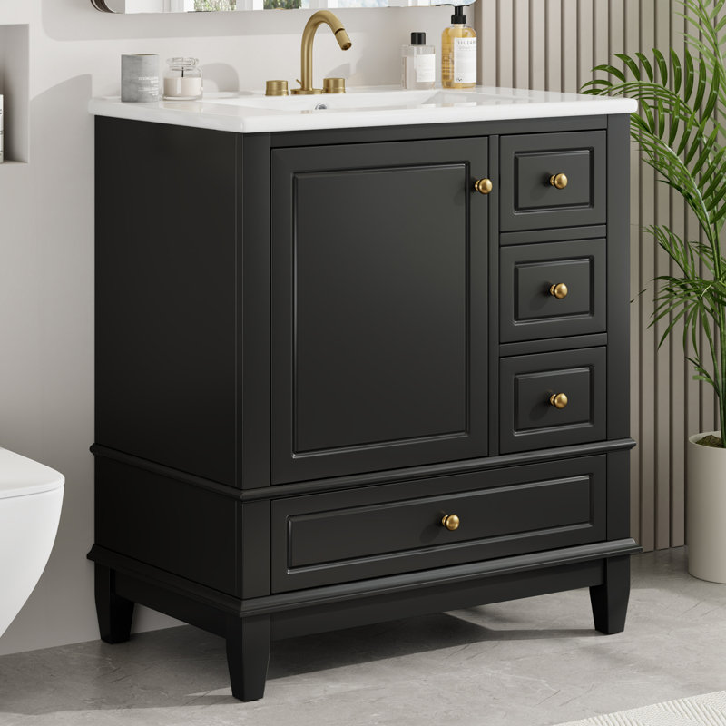 Meuble-lavabo simple 30 po avec comptoir en céramique, Noir, noir, noir, noir