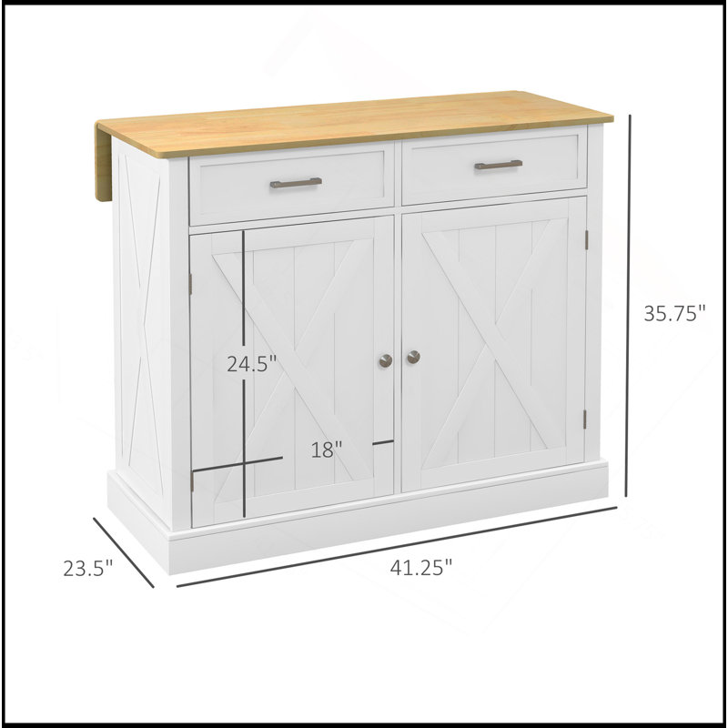 Rolling Kitchen Island With Drop Leaf Wood Breakfast Bar, Farmhouse Kitchen Cart With 2 Drawers, Adjustable Shelves For Dining Room, White