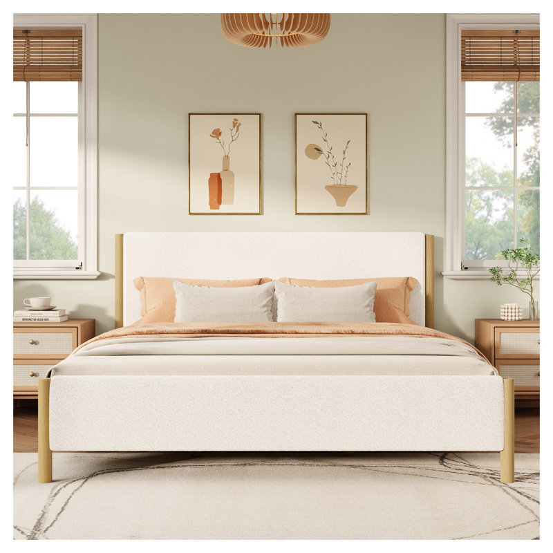 Lit plateforme tapissier moderne très grand avec pieds en bois d'hévéa - structure en tissu texturé blanc