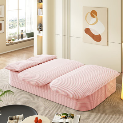 Canapé 78,7 "moderne 2 en 1 pliable avec couverture fonctionnelle et 2 coussins moelleux, canapé en velours côtelé moelleux confortable, canapé-lit convertible, canapé à siège profond pour salon, chambre à coucher, rose bébé