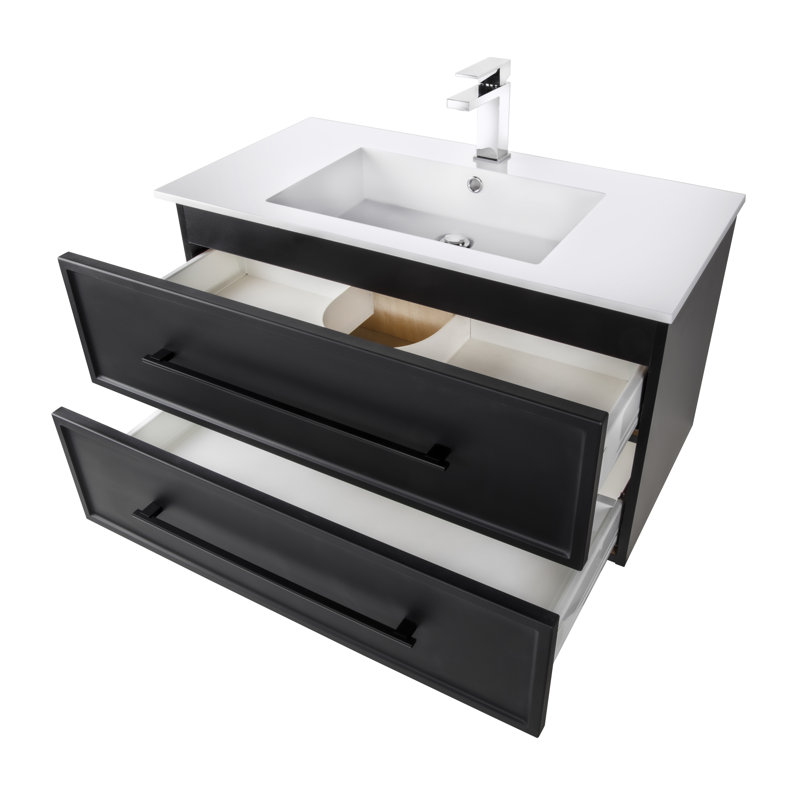 Meuble-lavabo mural simple 36 po avec plateau en marbre Milano, Noir