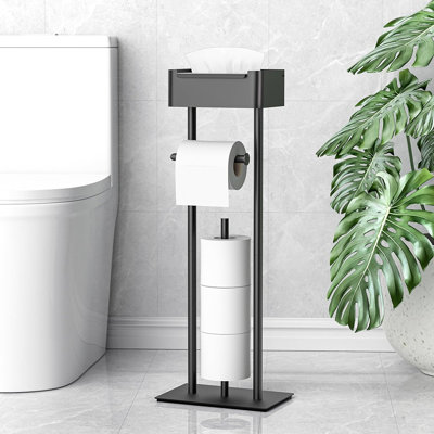 Freestanding Toilet Paper Stand With Shelf – Storage For 4 Large Rolls, No-Drill Bathroom Organizer, 29.7" × 12.6" (Matte Black)