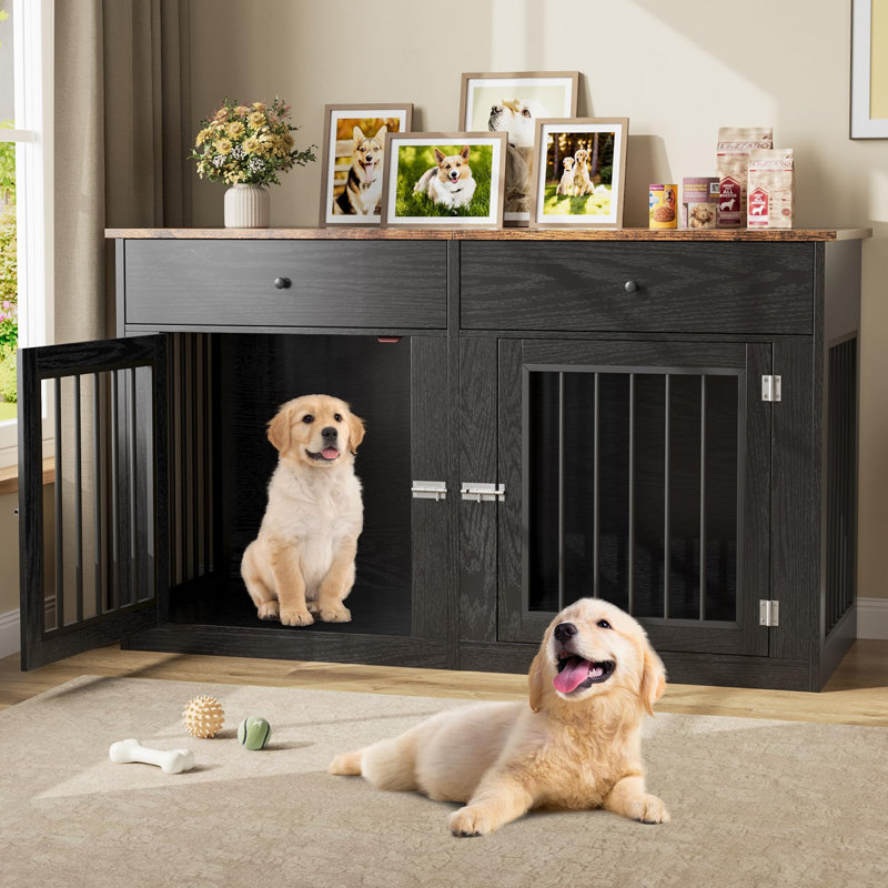 Meuble de caisse double robuste pour 2 petits / moyens chiens - Cage intérieure avec 2 tiroirs - Maison pour animaux moderne et meuble télé - noir et rétro