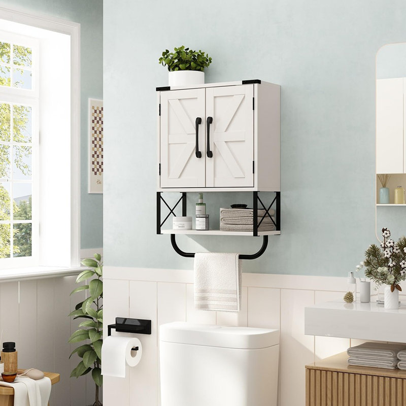 Armoire à pharmacie Rustic Farmhouse - Porte de grange avec tablette réglable et barre à serviettes, blanc rétro