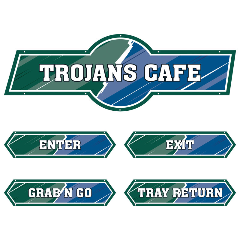 AmTab - Serving-Décor-S01-E-EC - Serving Area Signage (5 pieces) - Style 1 - Trojans
Café Sign: 24"W x 72"L
Enter Sign:  8.5"W x 36"L
Exit Sign:  8.5"W x 36"L
Grab N Go Sign:  8.5"W x 36"L
Tray Return Sign:  8.5"W x 36"L