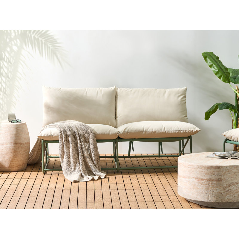 Bessi 160cm Wide Straight Steel Patio Sofa with Cushions, Beige/Green