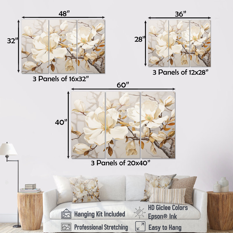Ensemble de salon Elegant Beige Magnolias Serenyt - Magnolias, H 40 po x l 60 po x P 1 po