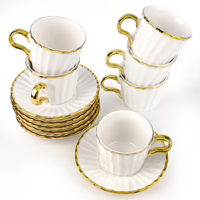 3.5 oz Vertical Fluted Ceramic Cup with Gradient Golden Trim and Saucer (Gold)