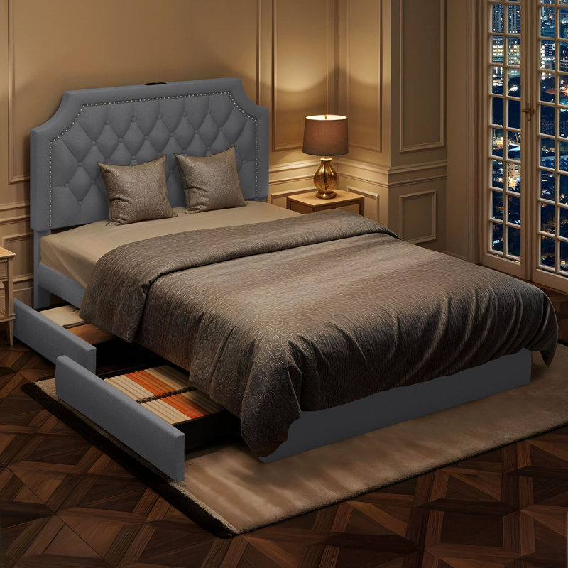 Tufted Upholstered Storage Bed With 4 Underbed Drawers & Charging Ports, Full / Double, Gray