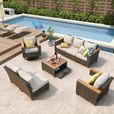 Modular Outdoor Wicker Patio Furniture Set With Swivel Chairs & Storage Coffee Table
