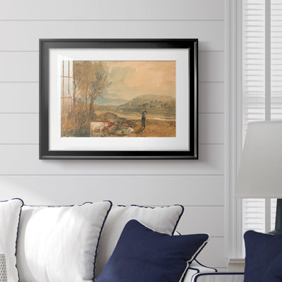 Paysage fluvial avec un château et des personnages-J.M.W. Turner, reproduction encadrée avec passe-partout et verre début du 19e siècle
