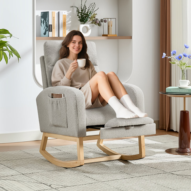 Soft Upholstered Rocking Nursing Chair with Integrated Adjustable Footstool, High Back Glider Rocker with Armrests & Solid Wood Legs for Nursery, Bedroom & Living Room