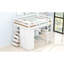 Lit mezzanine double en bois avec garde-robe intégrée, bureau, tablettes et tiroirs, blanc