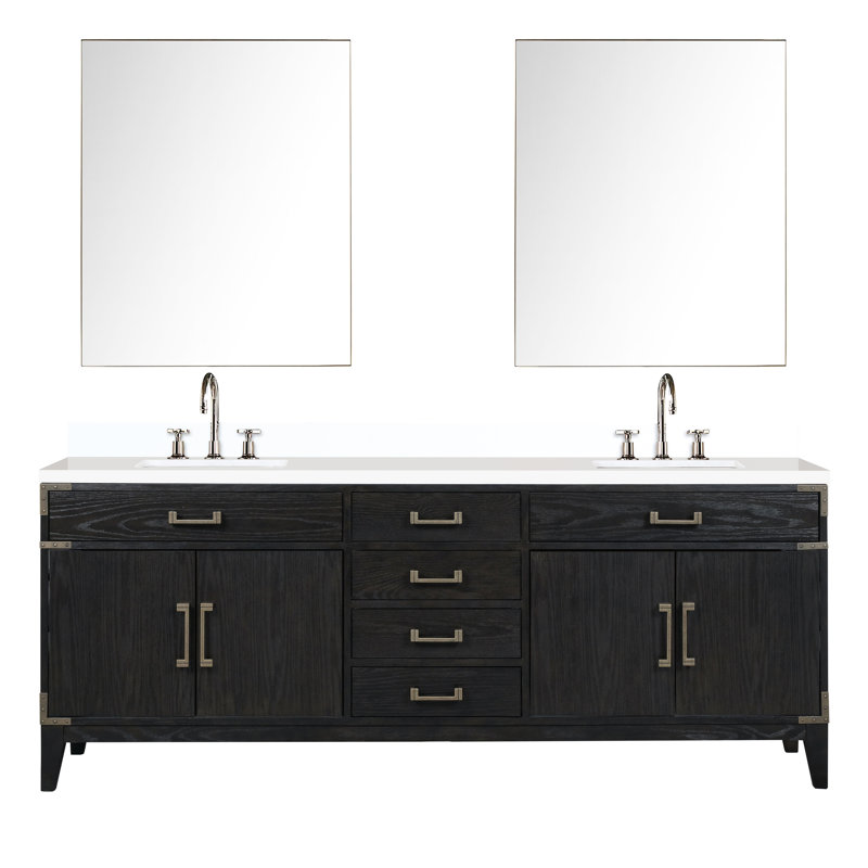 Meuble-lavabo double en chêne noir avec robinet et 36 miroirs à portée de main - comptoir en quartz poli avec salle de bain
