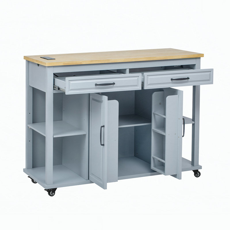 47 inch Kitchen Island with Extendable Dining Table, Rubber Wood Veneer Kitchen Table with Internal Storage Rack, Power Outlet, Kitchen island with Storage 2 Drawers 2 Cabinet