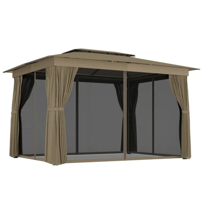 Pavillon de jardin extérieur 10 pi x 12 pi, abri à toit souple avec rideaux, filet en maille, structure en acier et crochets de plafond