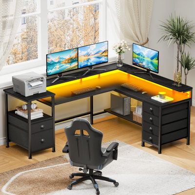 L-Shaped Computer Desk With Led Lights And Power Outlets, Gaming Desk With Monitor Stand,Home Office Writing Desk With 5 Fabric Cabinet And 1 Fabric F by Wrought Studio