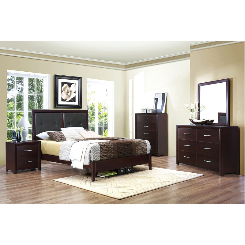 Ensemble de chambre à coucher à panneau en similicuir Roderigo, Brun, Double