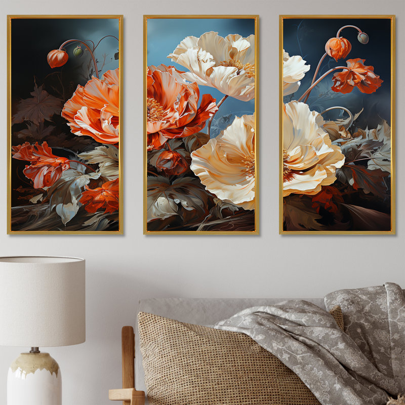 Vivid Poppy Moments III - Ensemble d'art mural coquelicots, Cadre flottant doré, H 40 po x l 60 po x P 1 po