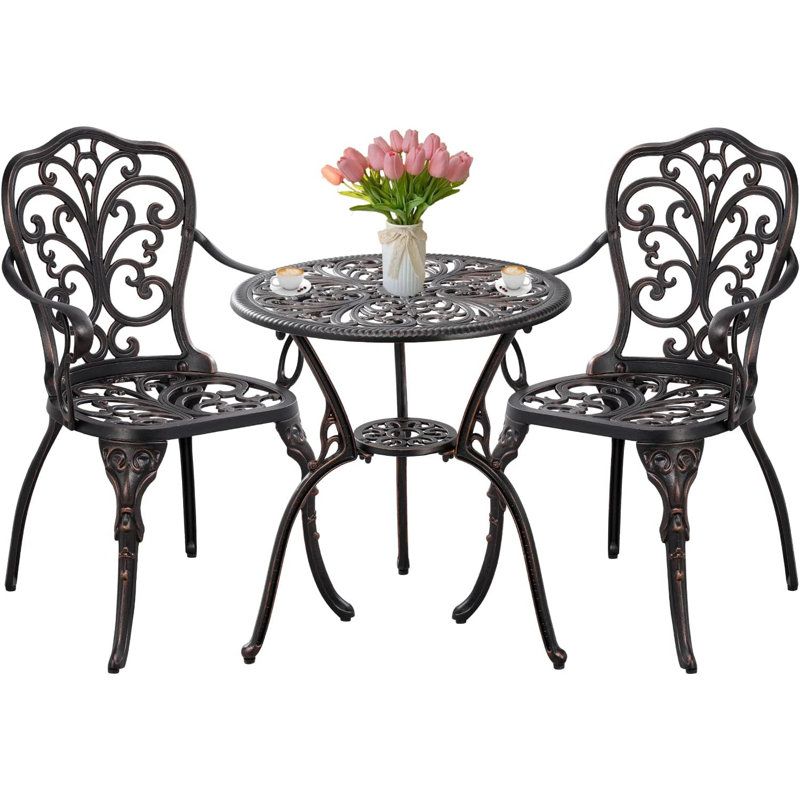 3 Piece Bistro Set Outdoor Cast Aluminum Bistro Table and Chairs Set of 2 for Garden