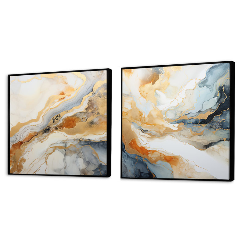 Peinture abstraite beige et geyser doré - ensemble de 2 collages abstraits carrés, Cadre flottant noir, H 16 po x l 33 po