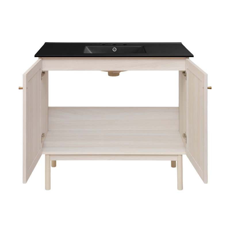 Meuble-lavabo autoportant de 36 po en chêne blanc Classe avec comptoir noir à 3 trous Class, Chêne blanc, Black
