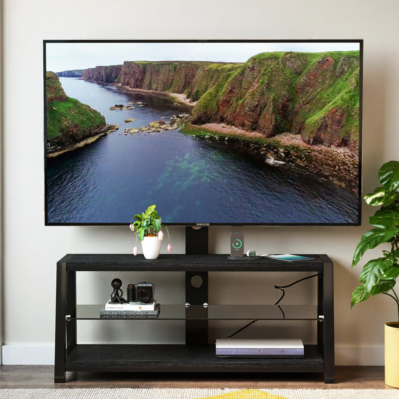 Meuble télé en bois noir avec support pivotant réglable en hauteur et verre trempé, meuble de rangement universel, Noir