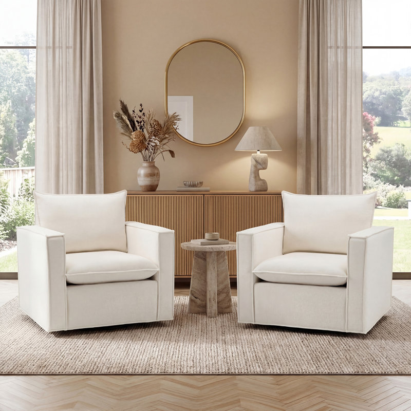 34.2" Wide Upholstered Swivel Accent Armchair, Beige Fabric