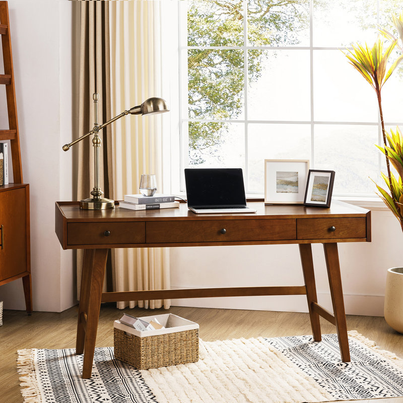 Edward 152.4cm W Mid-Century Modern Solid Wood Base Computer Desk with Power Outlet