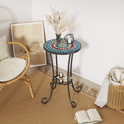 Table d'appoint de patio avec tablette, bleu + noir