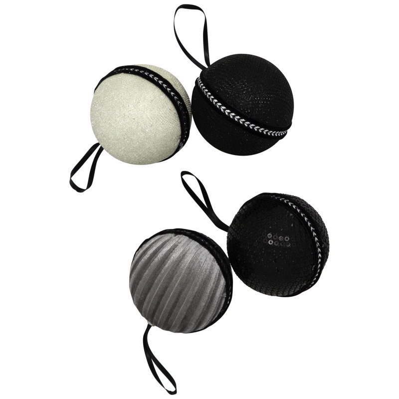 Sequin And Glitter Christmas Ball Ornaments With Ribbon - 2.75" - Black - Set Of 4