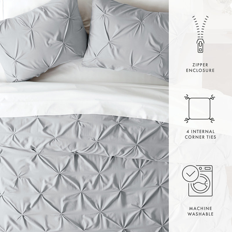 Duvet Cover Set Pinch Pleat Microfiber Ultra Soft Bedding, Light Gray, Queen Duvet Cover + 2 Standard Shams