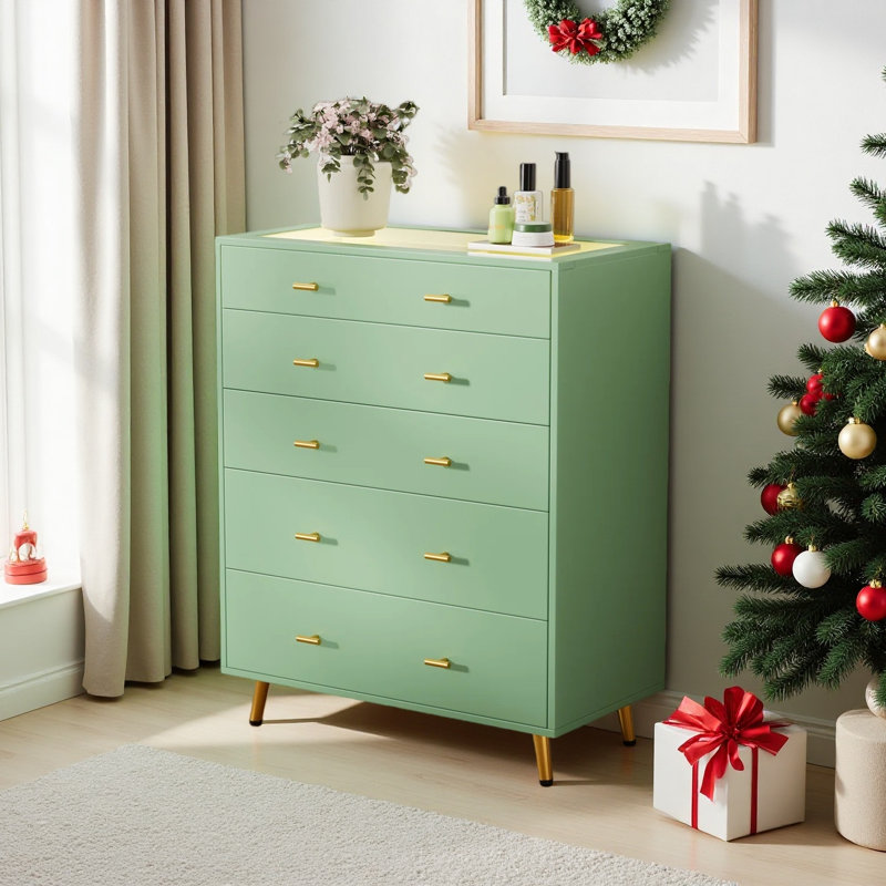 30.7"W 5 Drawer Dresser with LED Lights, 39"H Tall Chest Of Drawers For Bedroom & Wardrobe Closet Island With Tempered Glass Top & Jewelry Dresser & Glass Dresser, Green