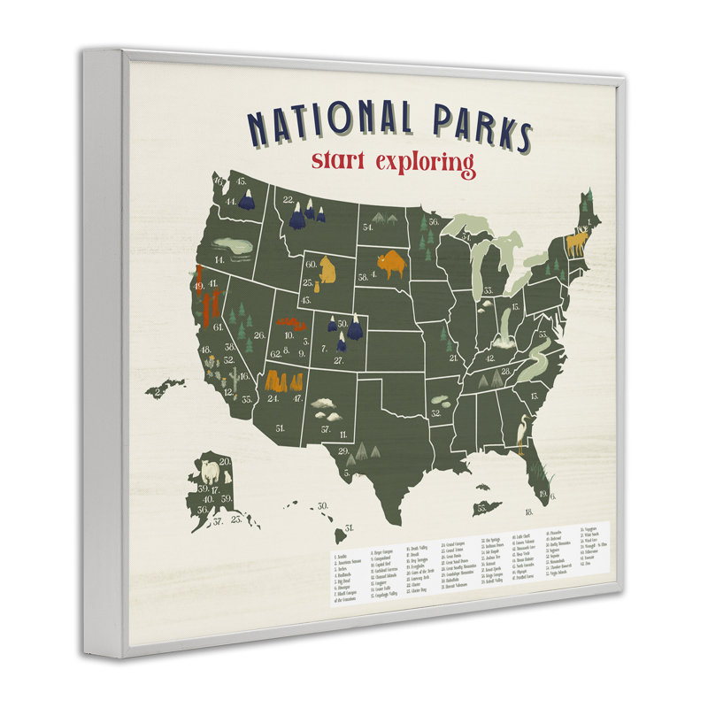National Parks Map with Numbered Key United States White Framed Giclee Texturized Art by Daphne Polselli