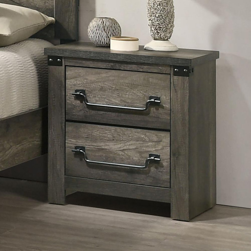 Rustic Grey Nightstand with Antique Brass Colour Drop Handles