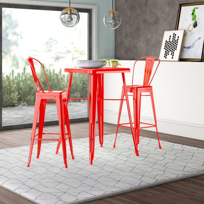 Toquerville Square Metal Indoor-Outdoor Bar Table Set with 2 Stools with Backs, Red